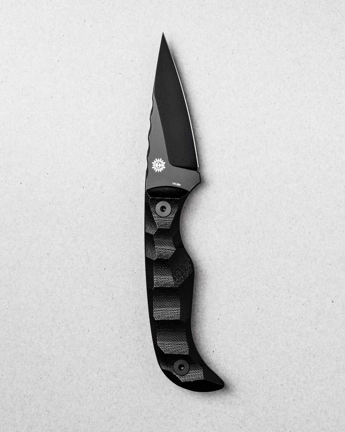 AUXMFG Karl Jr fixed blade, black G10 handle, 14C28N blade. Reverse side.