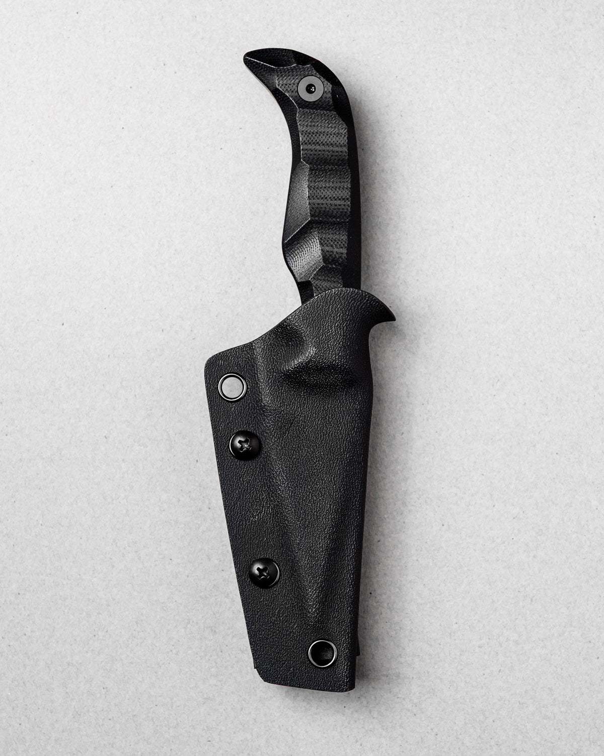 AUXMFG Karl Jr fixed blade, black G10 handle, 14C28N blade. Kydex sheath.