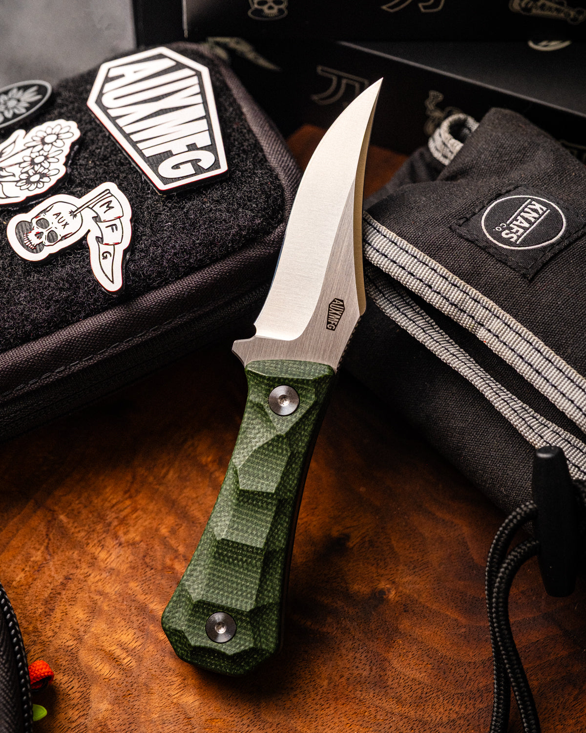 AUXMFG Pocket Bowie Deadhead - 14C28N  - Green Micarta - Production