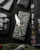 AUXMFG Pocket Bowie Framelock - M390 - Green Micarta + Titanium - Production