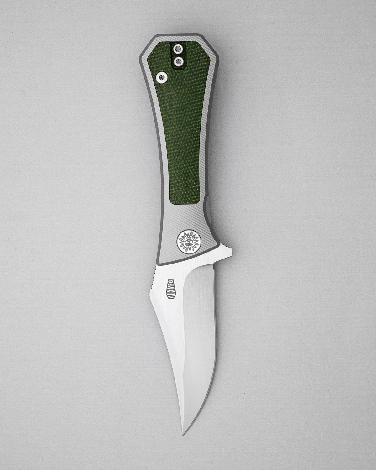 AUXMFG Pocket Bowie Framelock - M390 - Green Micarta + Titanium - Production