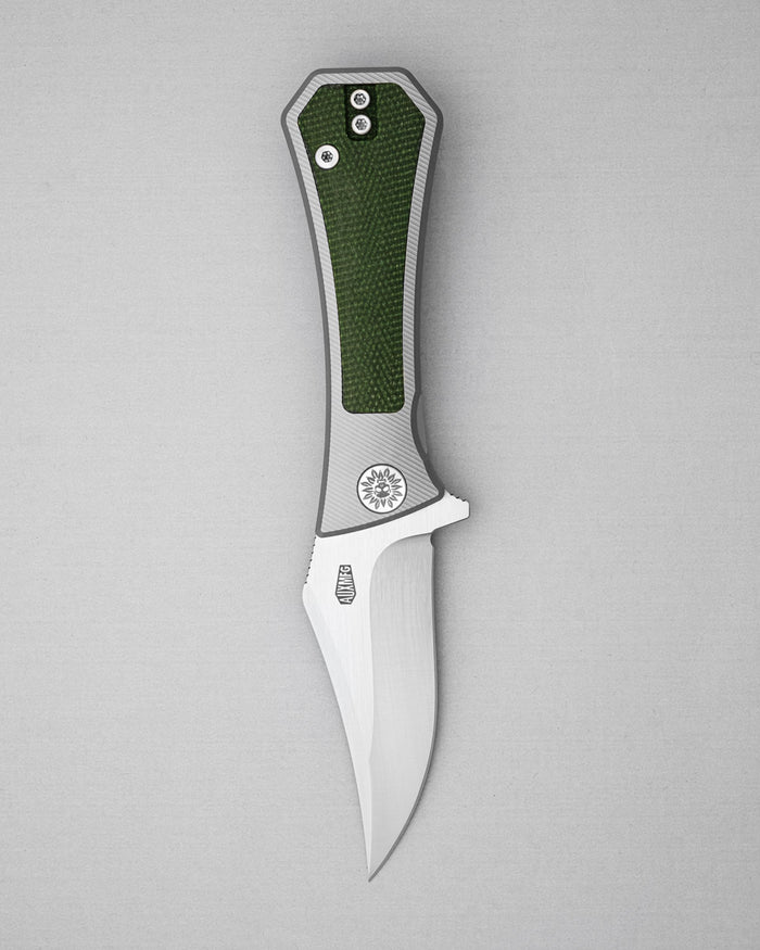 AUXMFG Pocket Bowie Framelock - M390 - Green Micarta + Titanium - Production