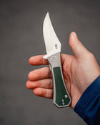 AUXMFG Pocket Bowie Framelock - M390 - Green Micarta + Titanium - Production