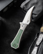 AUXMFG Pocket Bowie Framelock - M390 - Green Micarta + Titanium - Production