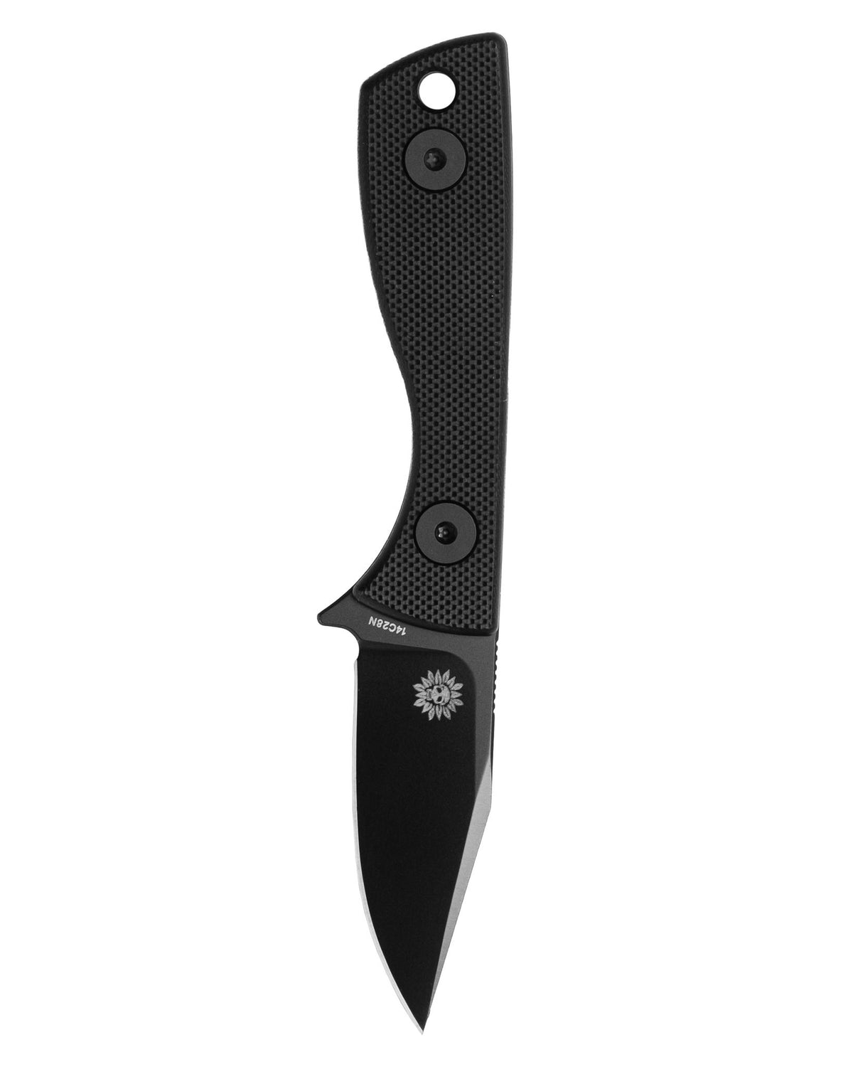 AUXMFG Runt fixed blade, black G10 handle, 14C28N blade, black PVD finish. Reverse side.