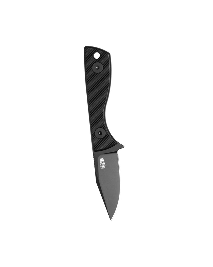 AUXMFG Runt fixed blade, black G10 handle, 14C28N blade, black PVD finish.