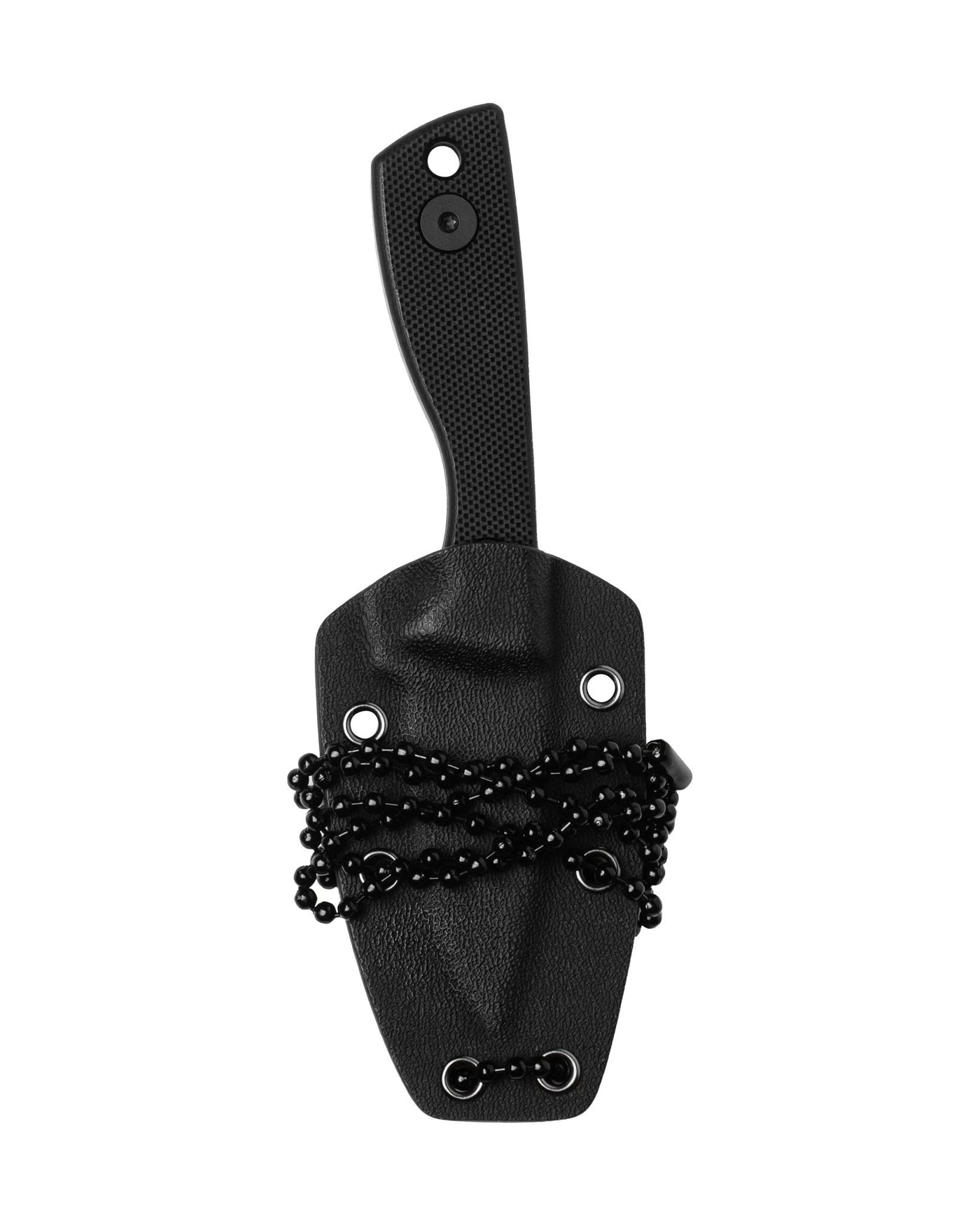 AUXMFG Runt fixed blade, black G10 handle, 14C28N blade, black PVD finish. Kydex sheath.