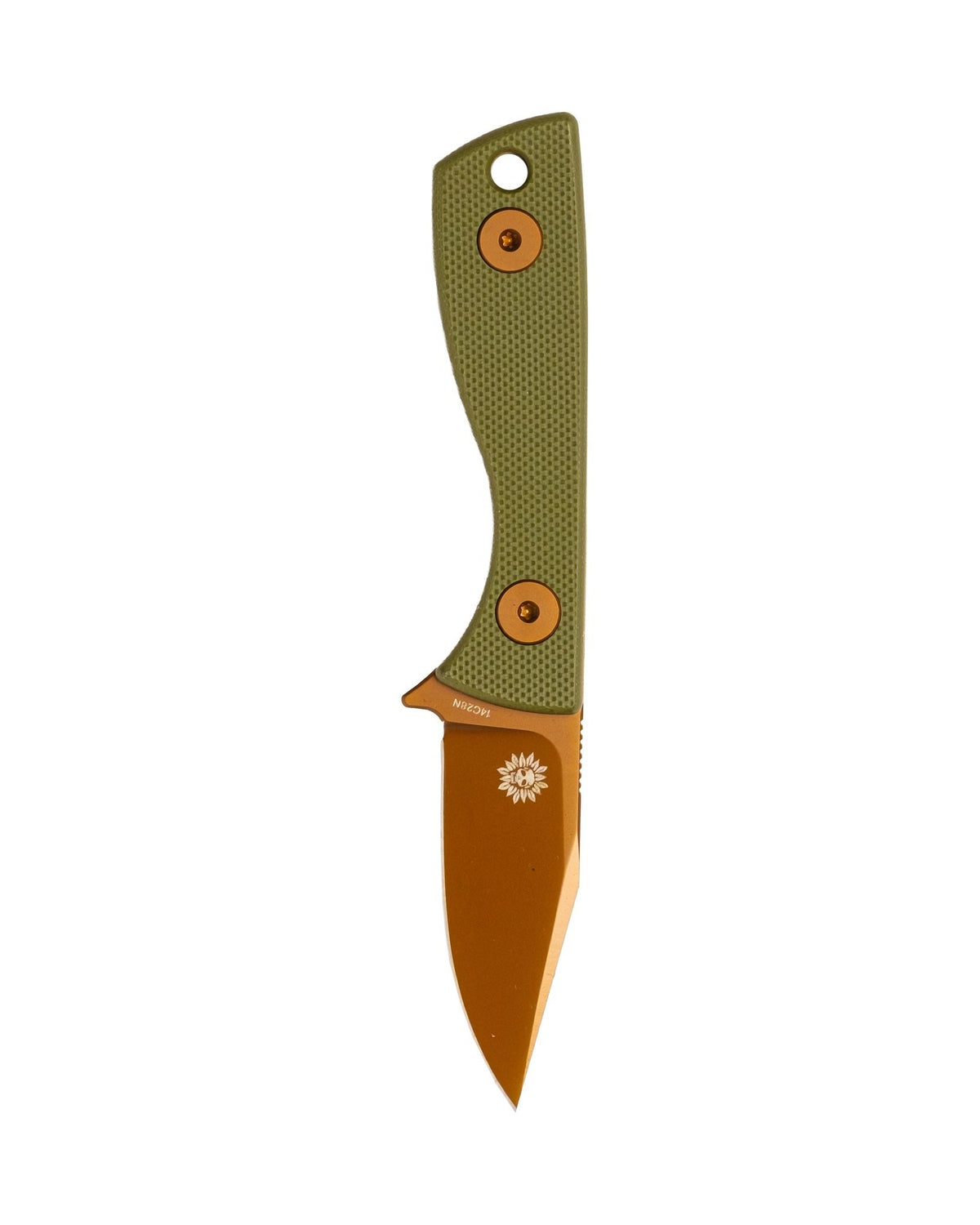 AUXMFG Runt fixed blade, green G10 handle, 14C28N blade, rose PVD finish. Reverse side.