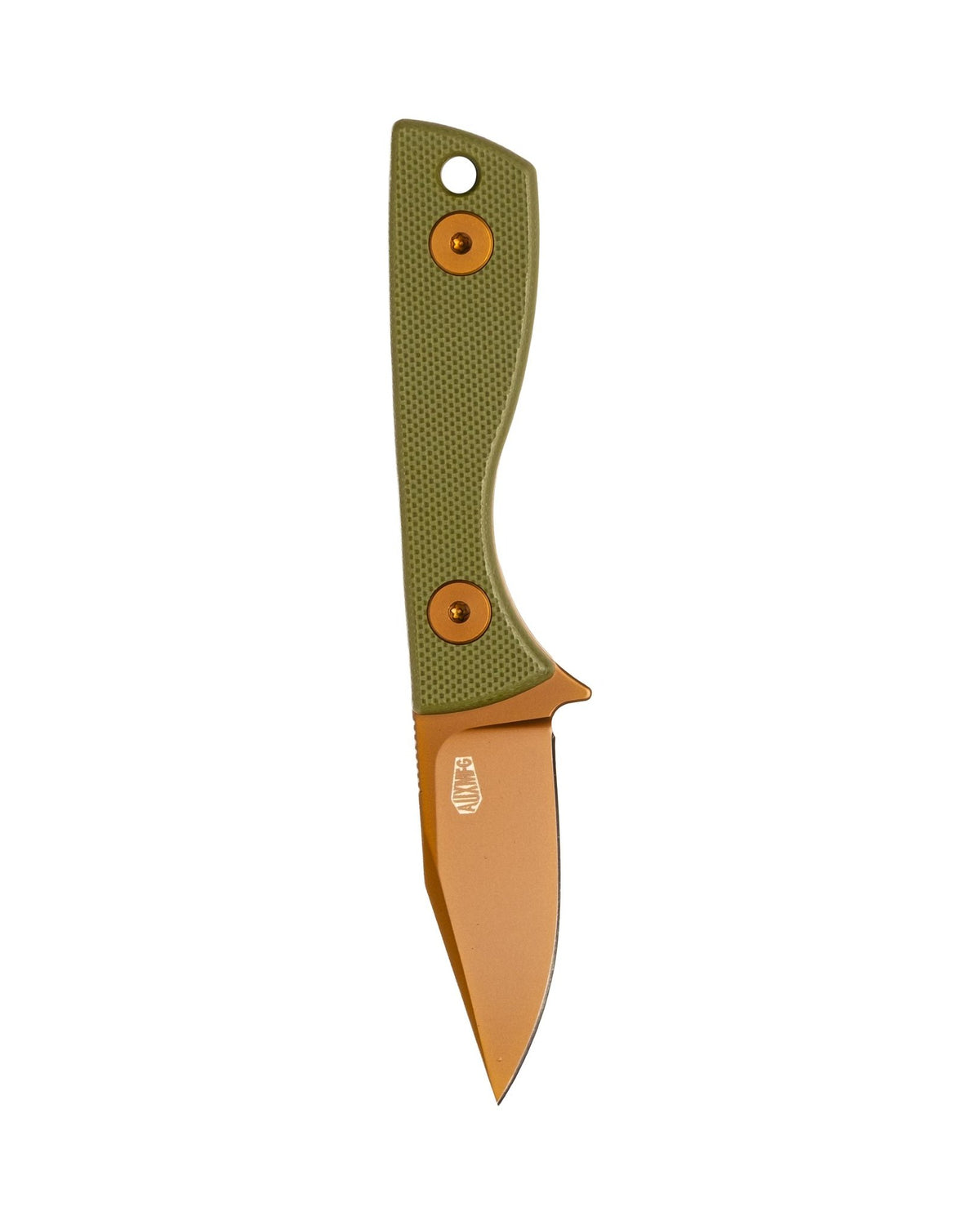 AUXMFG Runt fixed blade, green G10 handle, 14C28N blade, rose PVD finish.