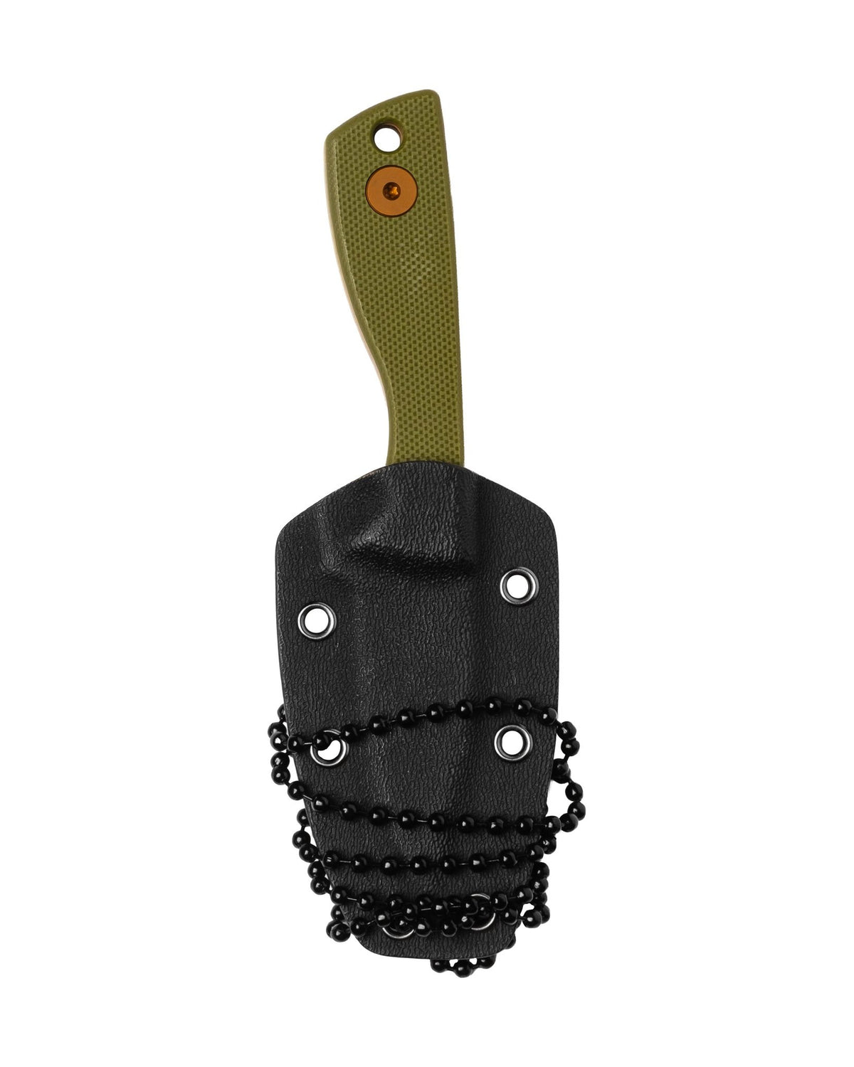 AUXMFG Runt fixed blade, green G10 handle, 14C28N blade, rose PVD finish. Kydex sheath.