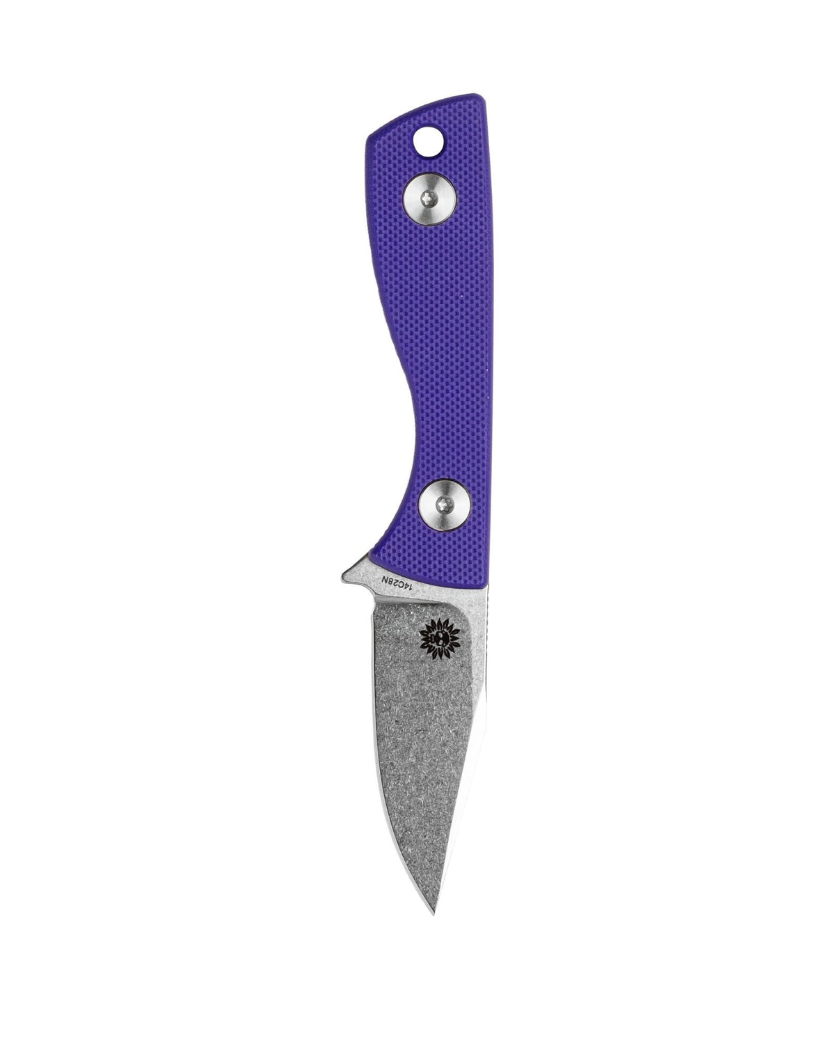 AUXMFG Runt fixed blade, purple G10 handle, 14C28N blade, stonewash finish. Reverse side.