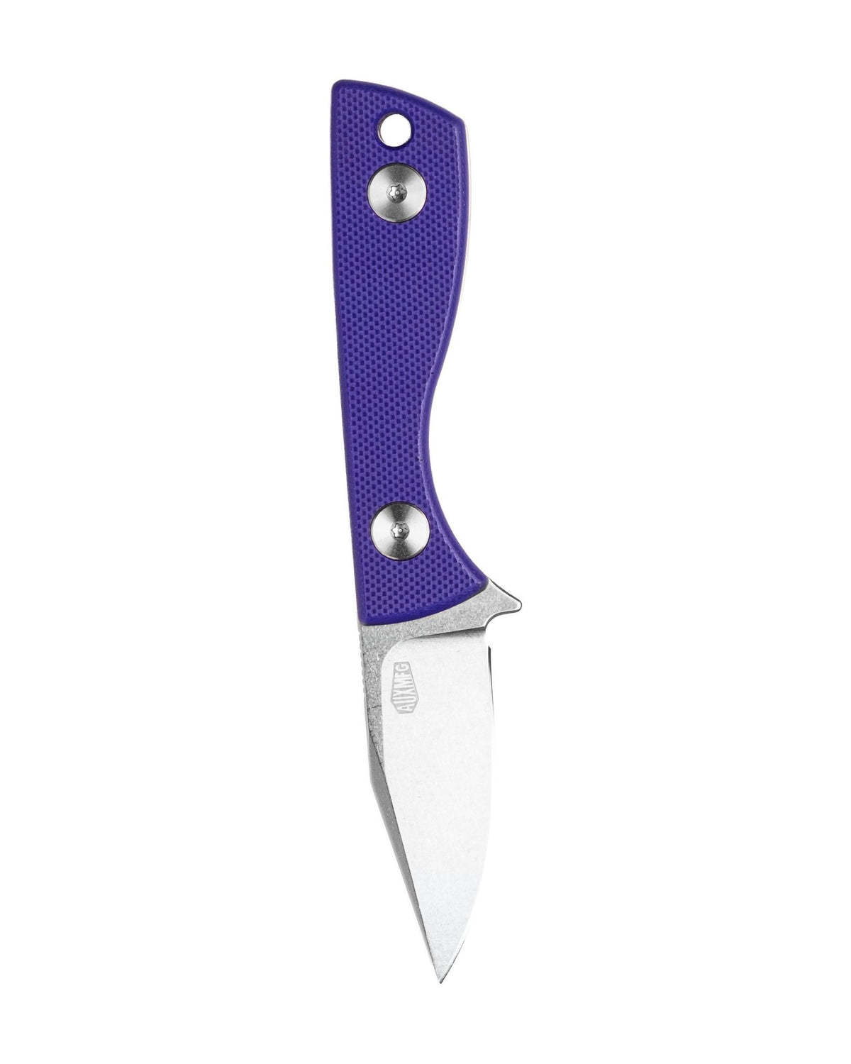 AUXMFG Runt fixed blade, purple G10 handle, 14C28N blade, stonewash finish.
