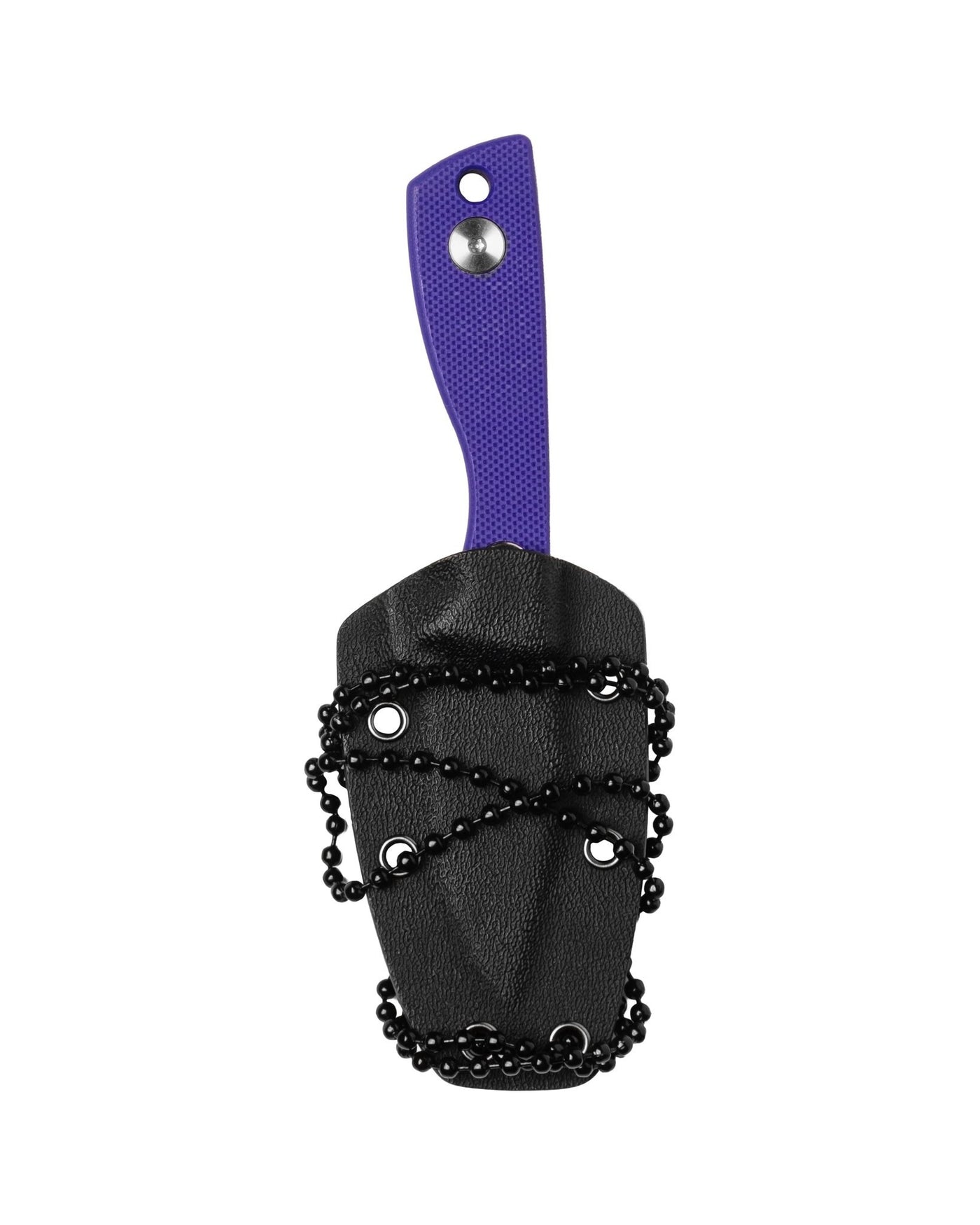 AUXMFG Runt fixed blade, purple G10 handle, 14C28N blade, stonewash finish. Kydex sheath.
