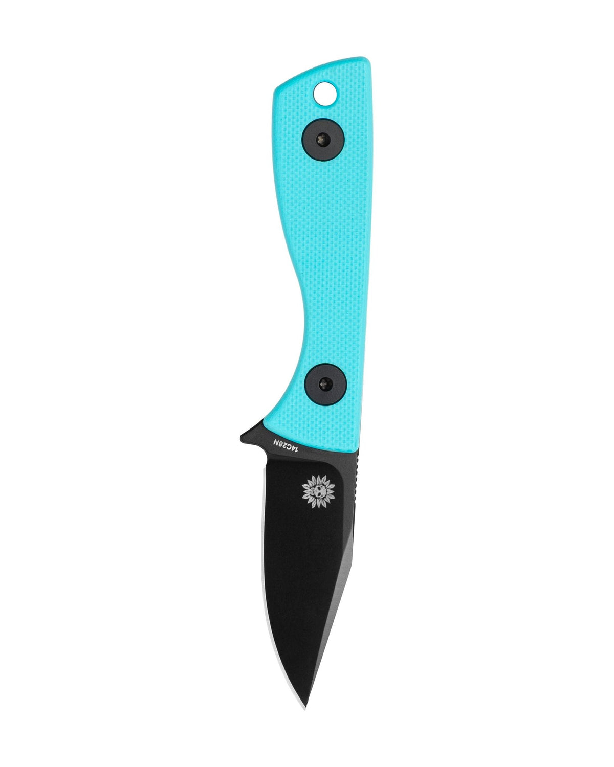 AUXMFG Runt fixed blade, Tiffany blue G10 handle, 14C28N blade, black PVD finish. Reverse side.