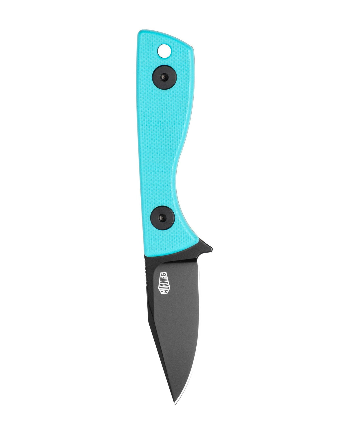 AUXMFG Runt fixed blade, Tiffany blue G10 handle, 14C28N blade, black PVD finish.