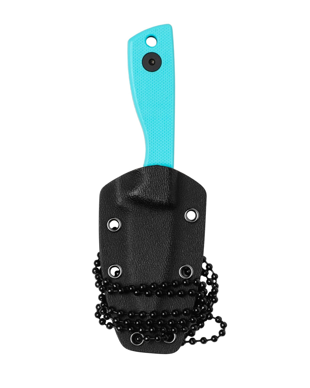 AUXMFG Runt fixed blade, Tiffany blue G10 handle, 14C28N blade, black PVD finish. Kydex sheath.