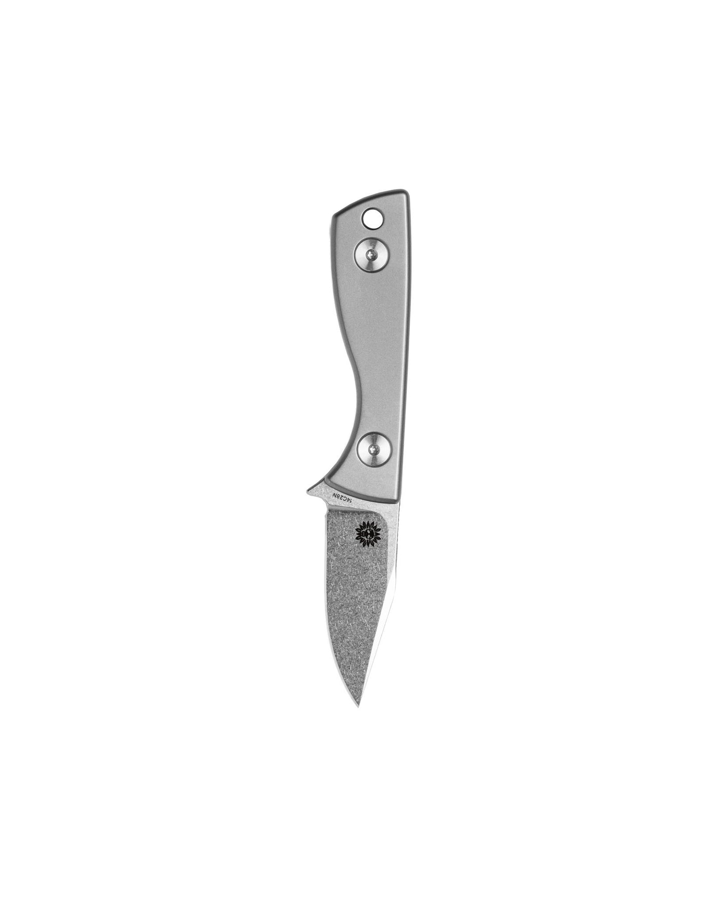 AUXMFG Runt fixed blade, titanium handle, 14C28N blade, stonewash finish. Reverse side.