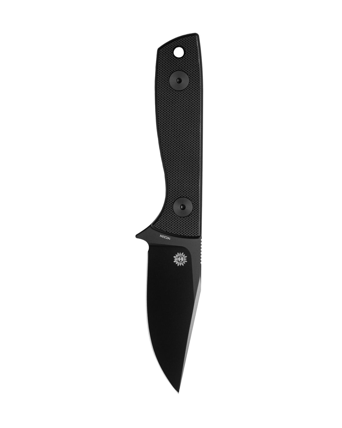 AUXMFG Runt XL fixed blade, black G10 handle, 14C28N blade, black PVD finish. Reverse side.