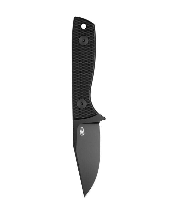 AUXMFG Runt XL fixed blade, black G10 handle, 14C28N blade, black PVD finish.