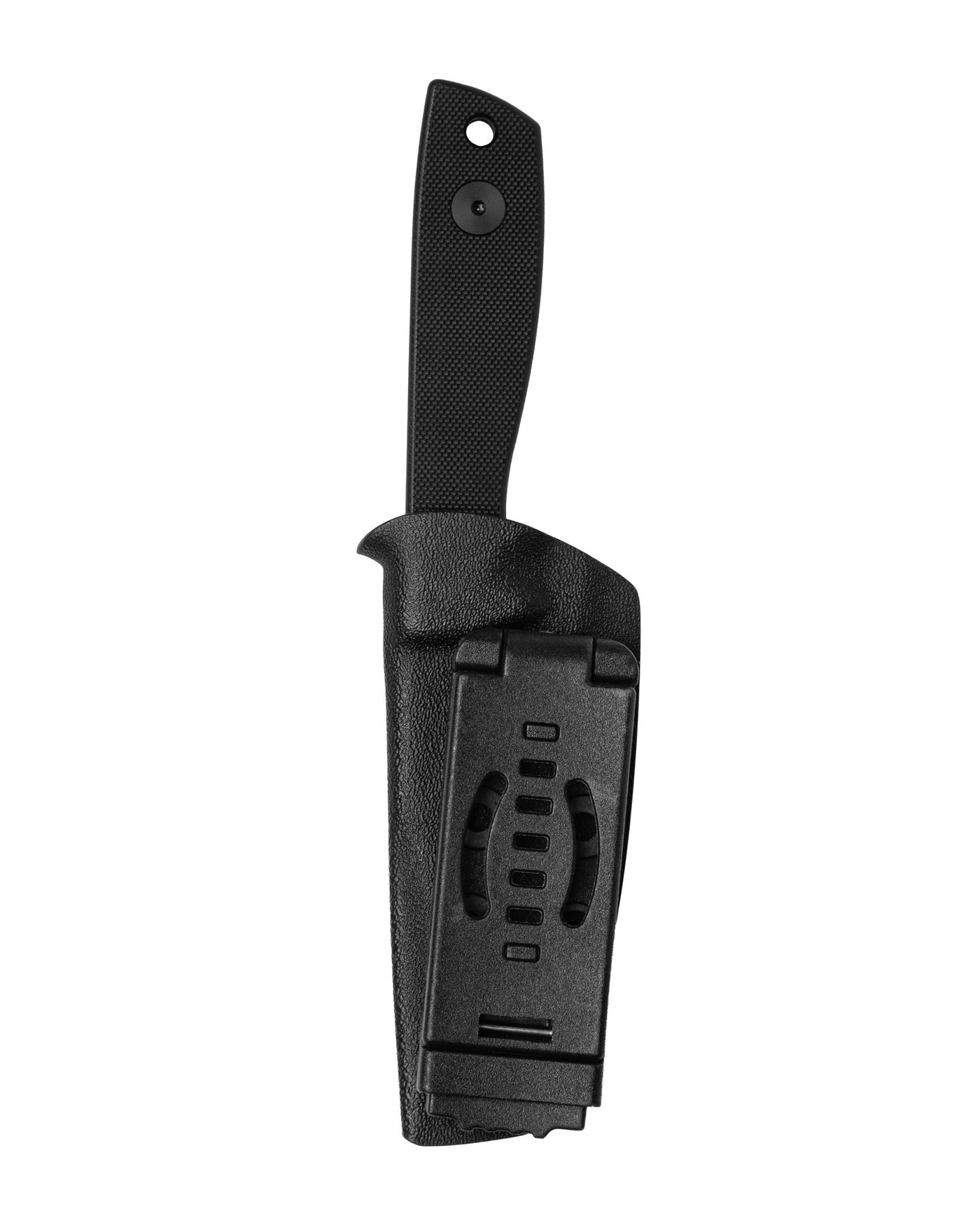 AUXMFG Runt XL fixed blade, black G10 handle, 14C28N blade, black PVD finish. Kydex sheath, reverse side.