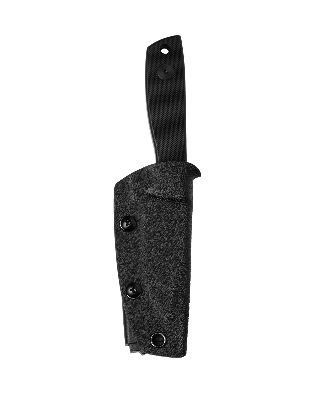 AUXMFG Runt XL fixed blade, black G10 handle, 14C28N blade, black PVD finish. Kydex sheath.