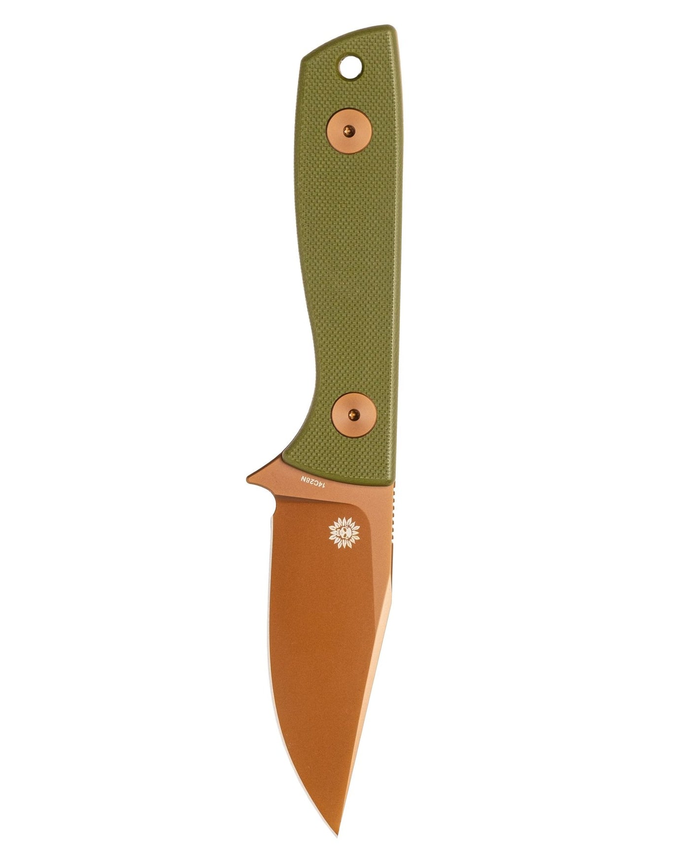 AUXMFG Runt XL fixed blade, green G10 handle, 14C28N blade, rose PVD finish. Reverse side.