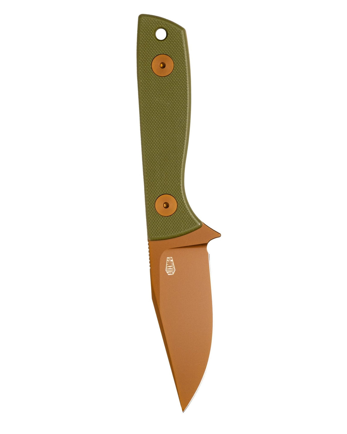 AUXMFG Runt XL fixed blade, green G10 handle, 14C28N blade, rose PVD finish.