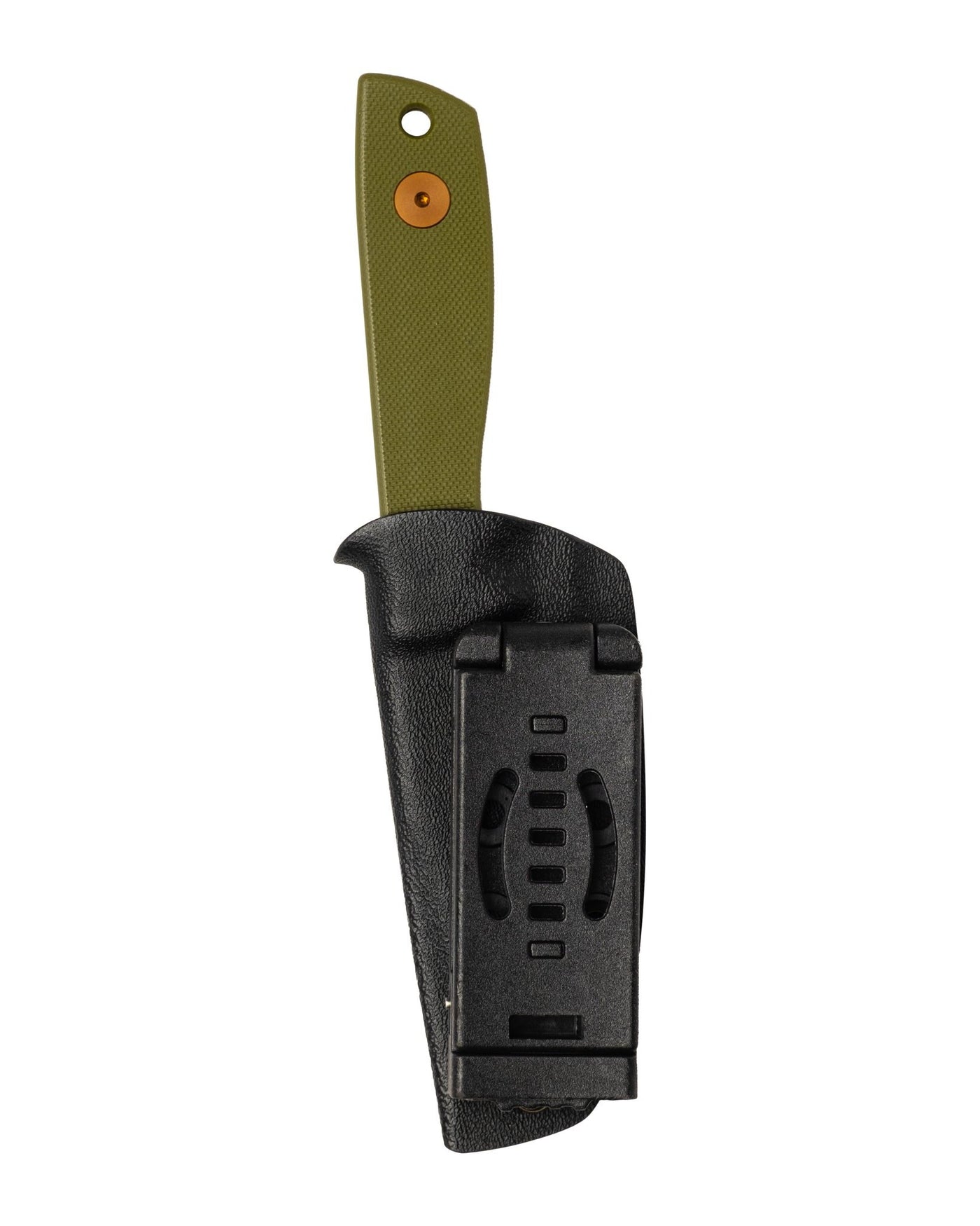 AUXMFG Runt XL fixed blade, green G10 handle, 14C28N blade, rose PVD finish. Kydex sheath, reverse side.