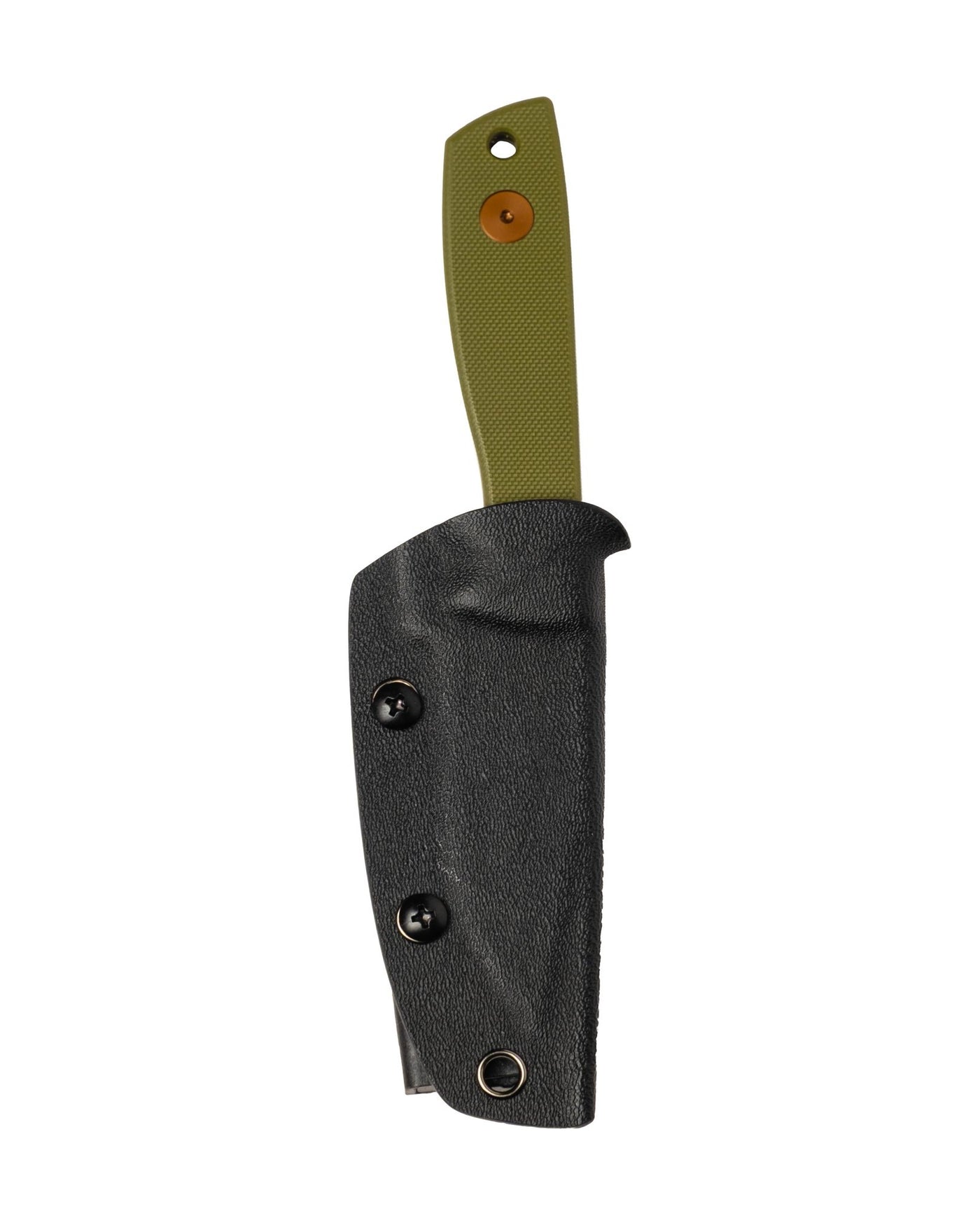 AUXMFG Runt XL fixed blade, green G10 handle, 14C28N blade, rose PVD finish. Kydex sheath.
