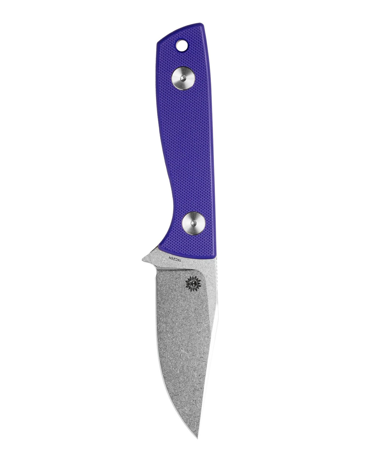 AUXMFG Runt XL fixed blade, purple G10 handle, 14C28N blade, stonewash finish. Reverse side.