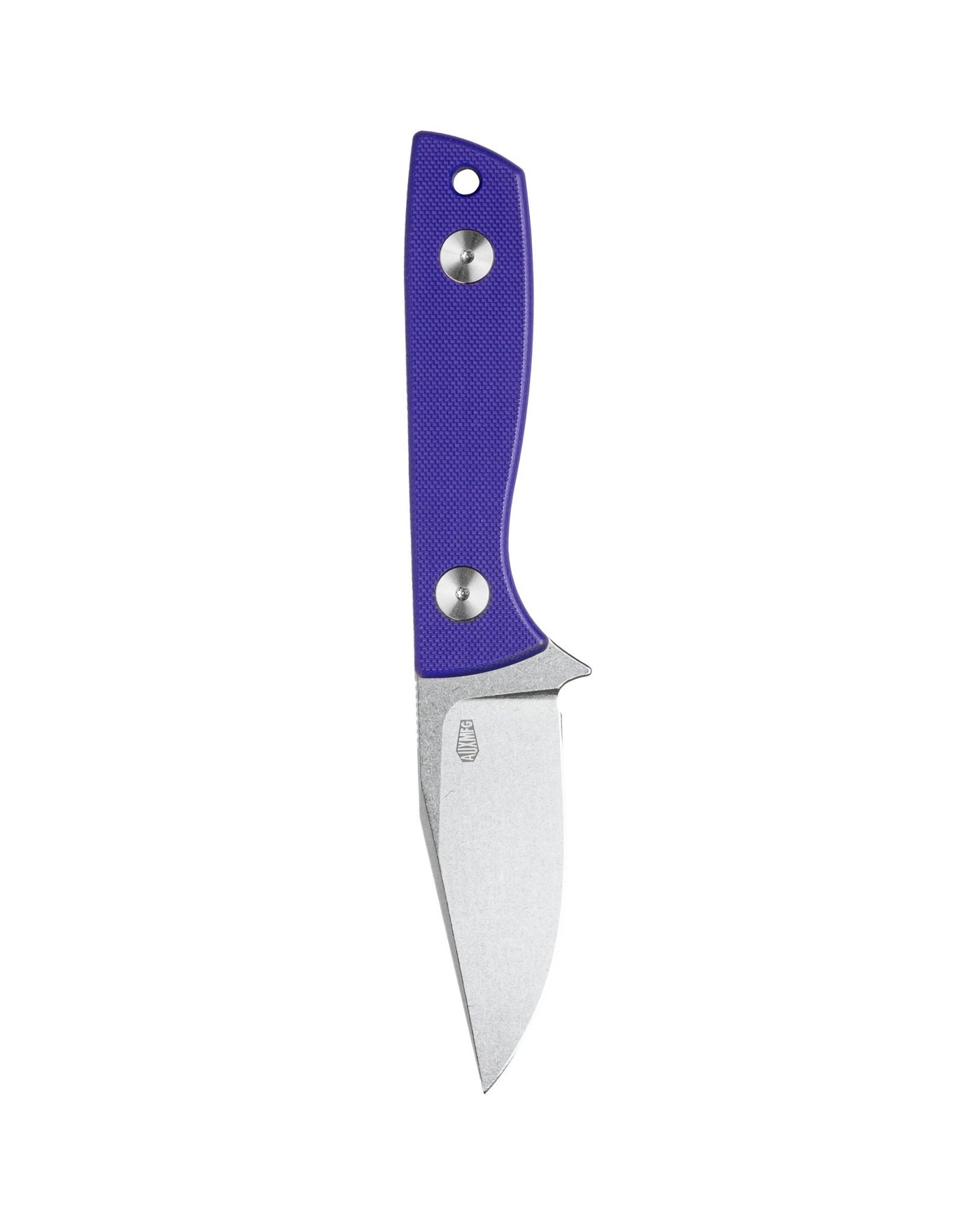 AUXMFG Runt XL fixed blade, purple G10 handle, 14C28N blade, stonewash finish.