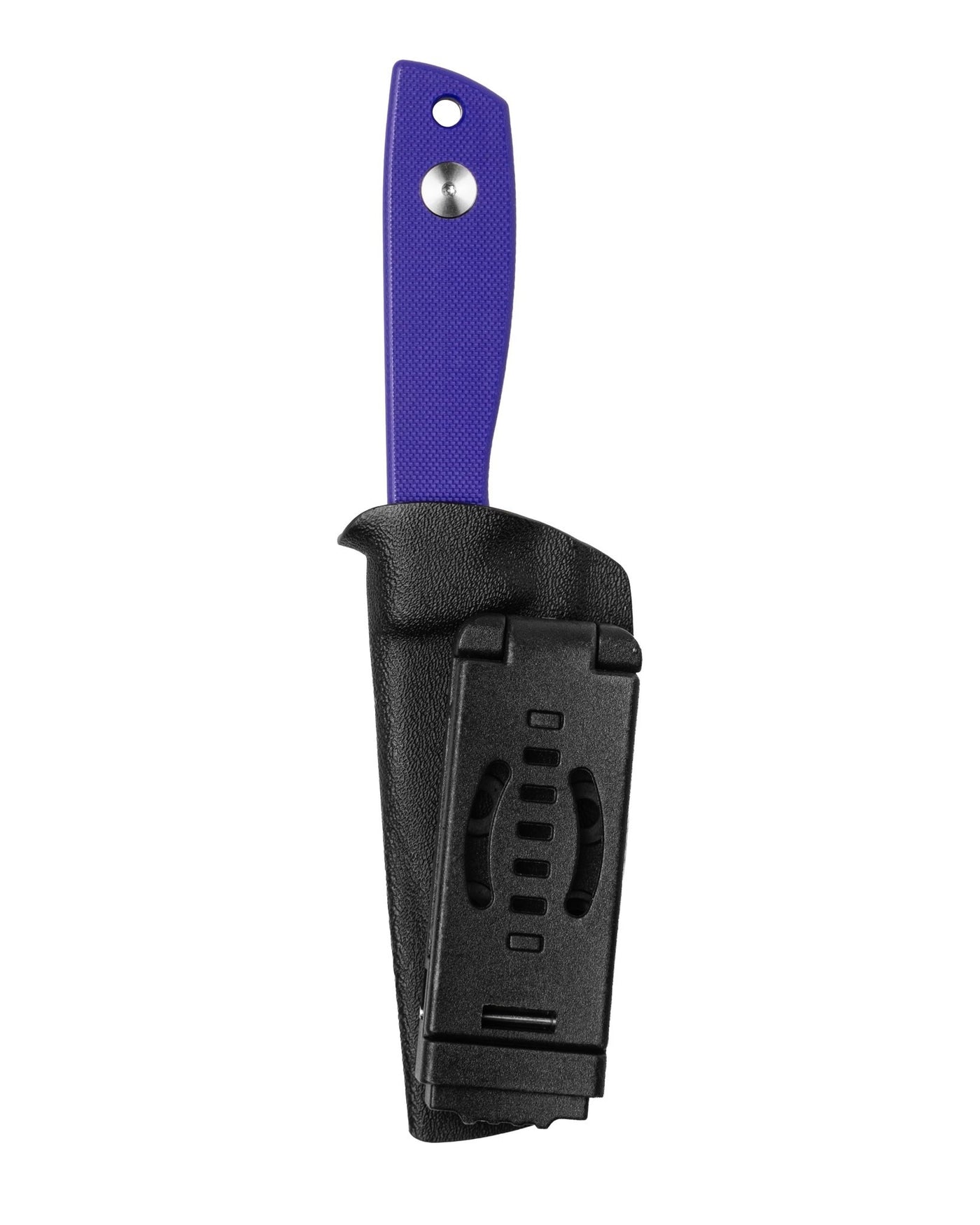 AUXMFG Runt XL fixed blade, purple G10 handle, 14C28N blade, stonewash finish. Kydex sheath, reverse side.