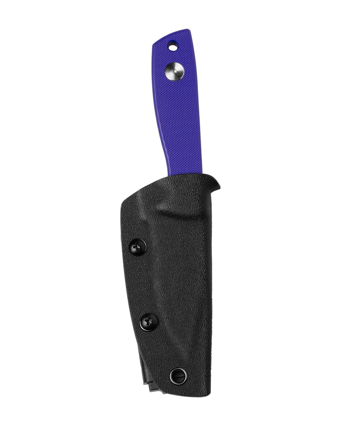 AUXMFG Runt XL fixed blade, purple G10 handle, 14C28N blade, stonewash finish. Kydex sheath.