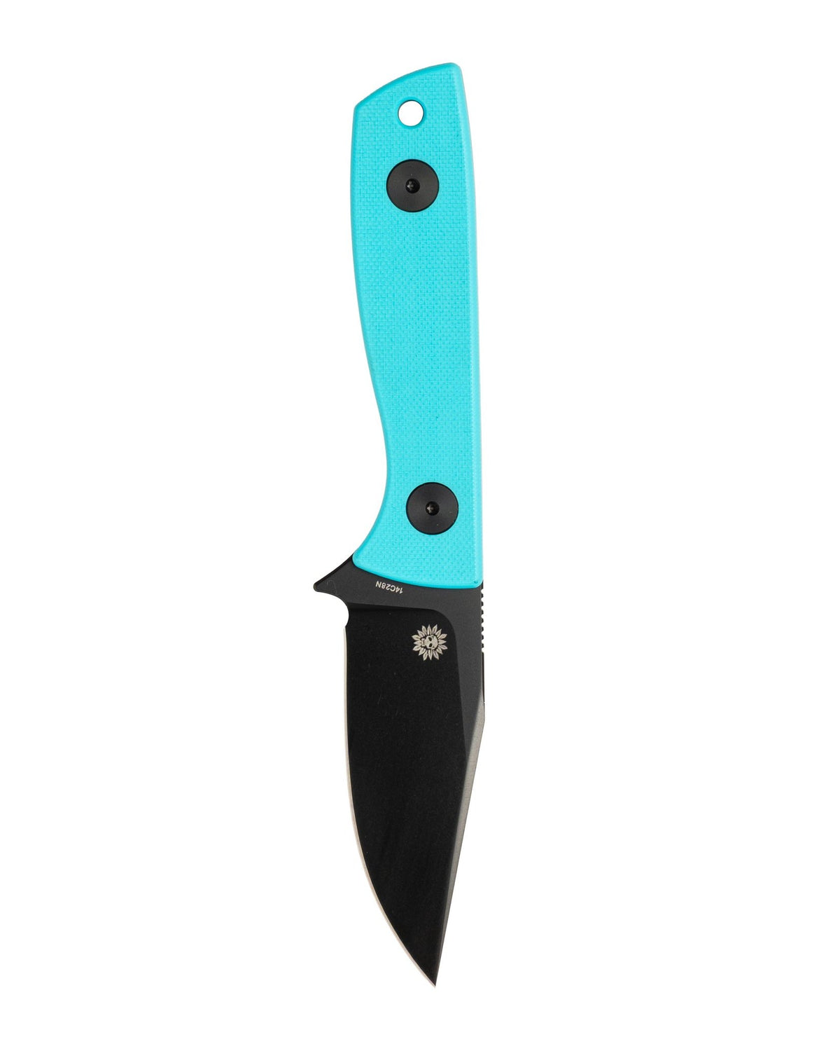 AUXMFG Runt XL fixed blade, Tiffany blue G10 handle, 14C28N blade, black PVD finish. Reverse side.