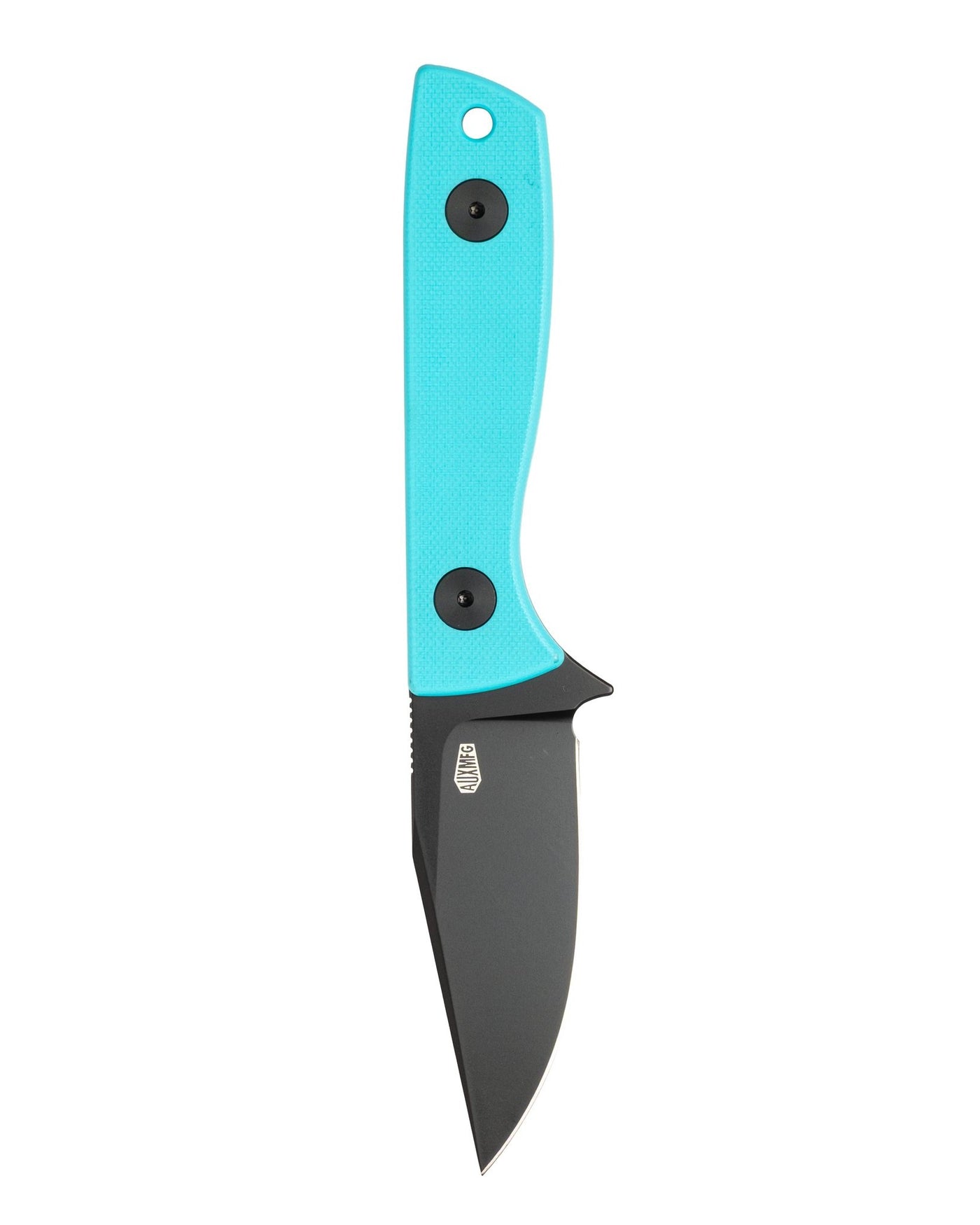 AUXMFG Runt XL fixed blade, Tiffany blue G10 handle, 14C28N blade, black PVD finish.