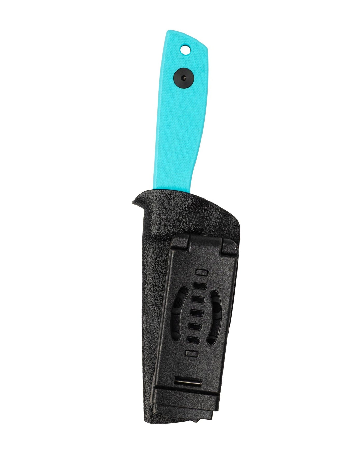AUXMFG Runt XL fixed blade, Tiffany blue G10 handle, 14C28N blade, black PVD finish. Kydex sheath, reverse side.
