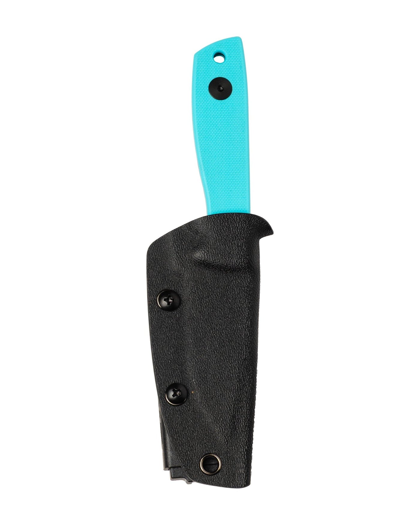 AUXMFG Runt XL fixed blade, Tiffany blue G10 handle, 14C28N blade, black PVD finish. Kydex sheath.