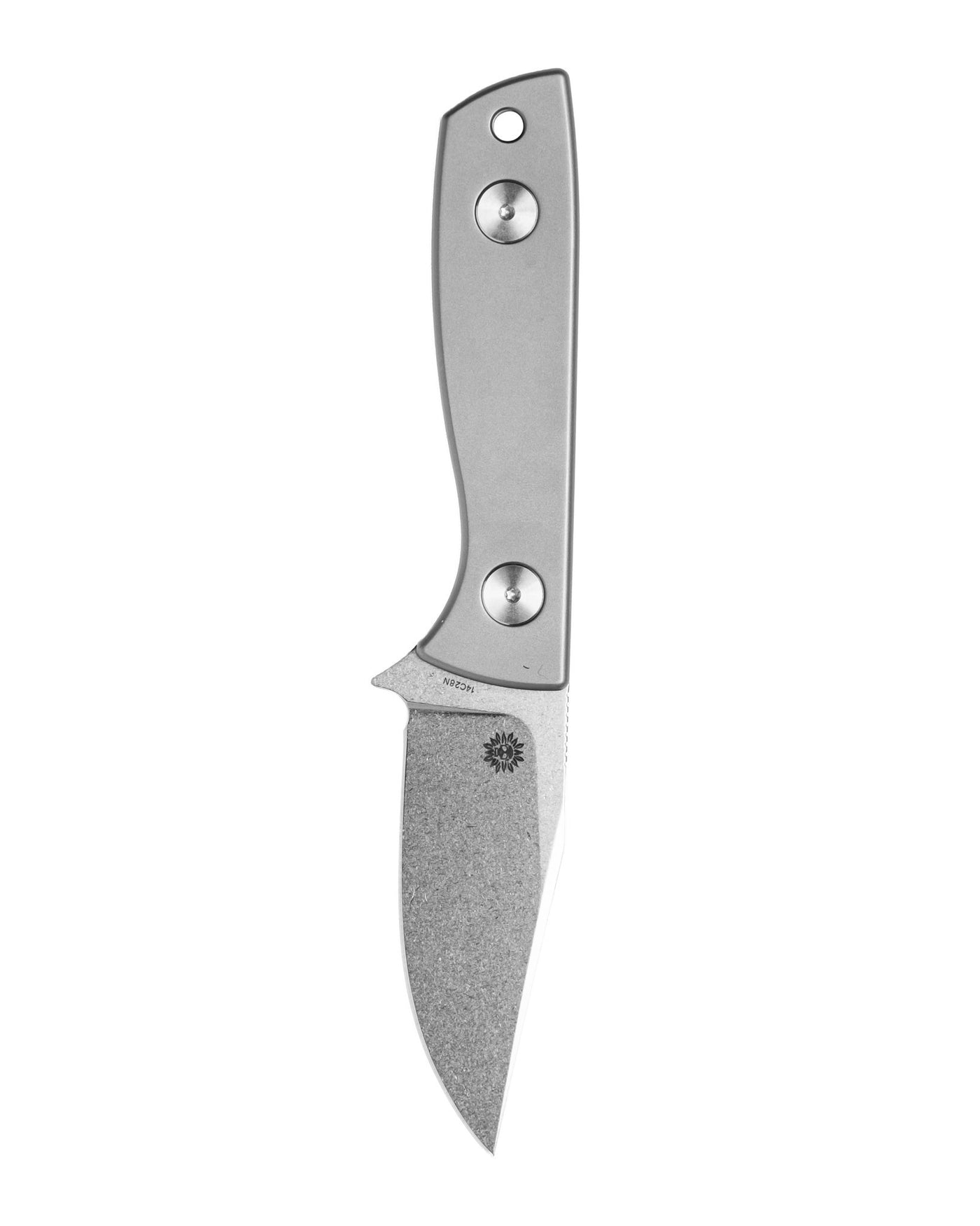 AUXMFG Runt XL fixed blade, titanium handle, 14C28N blade, stonewash finish. Reverse side.