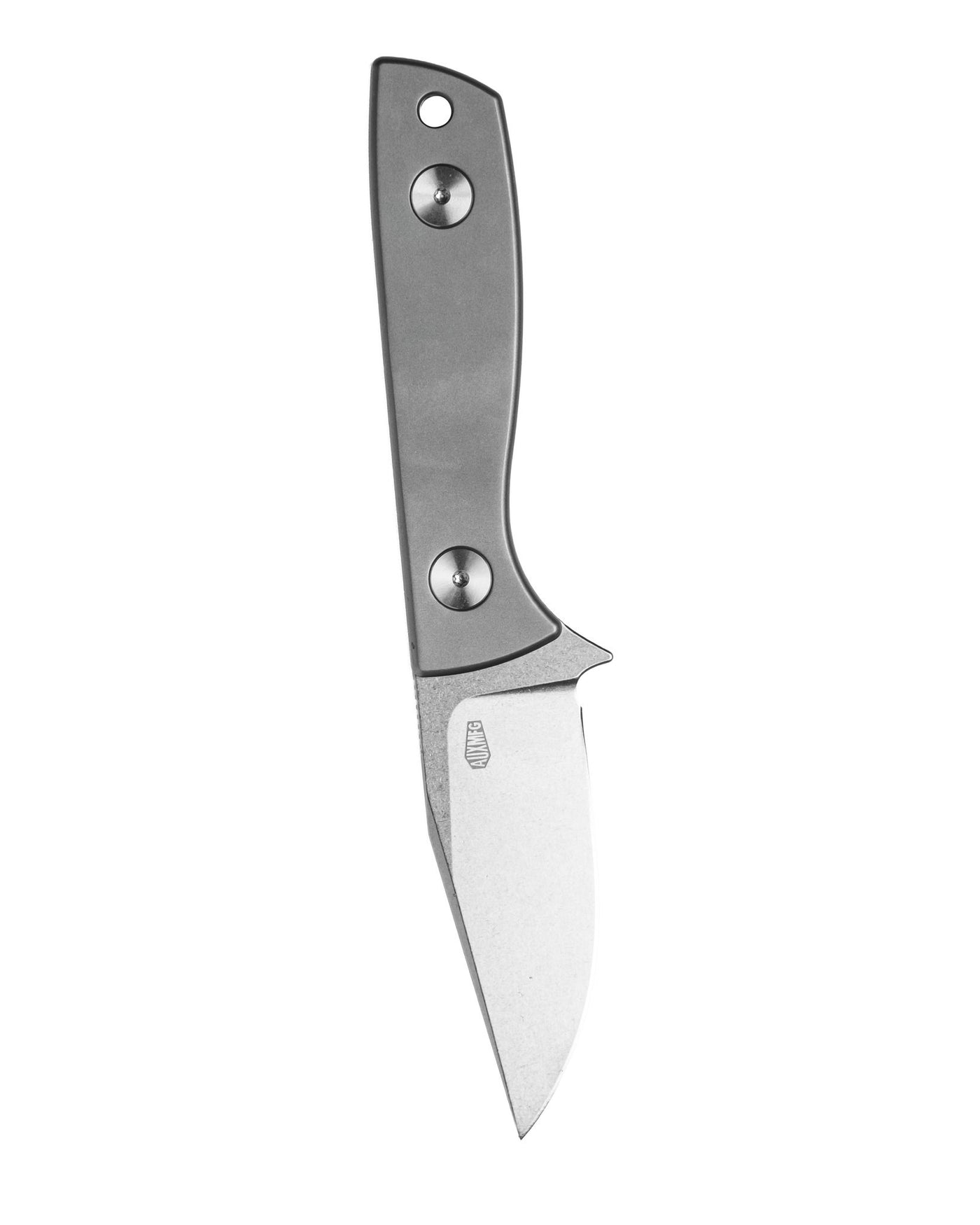 AUXMFG Runt XL fixed blade, titanium handle, 14C28N blade, stonewash finish.