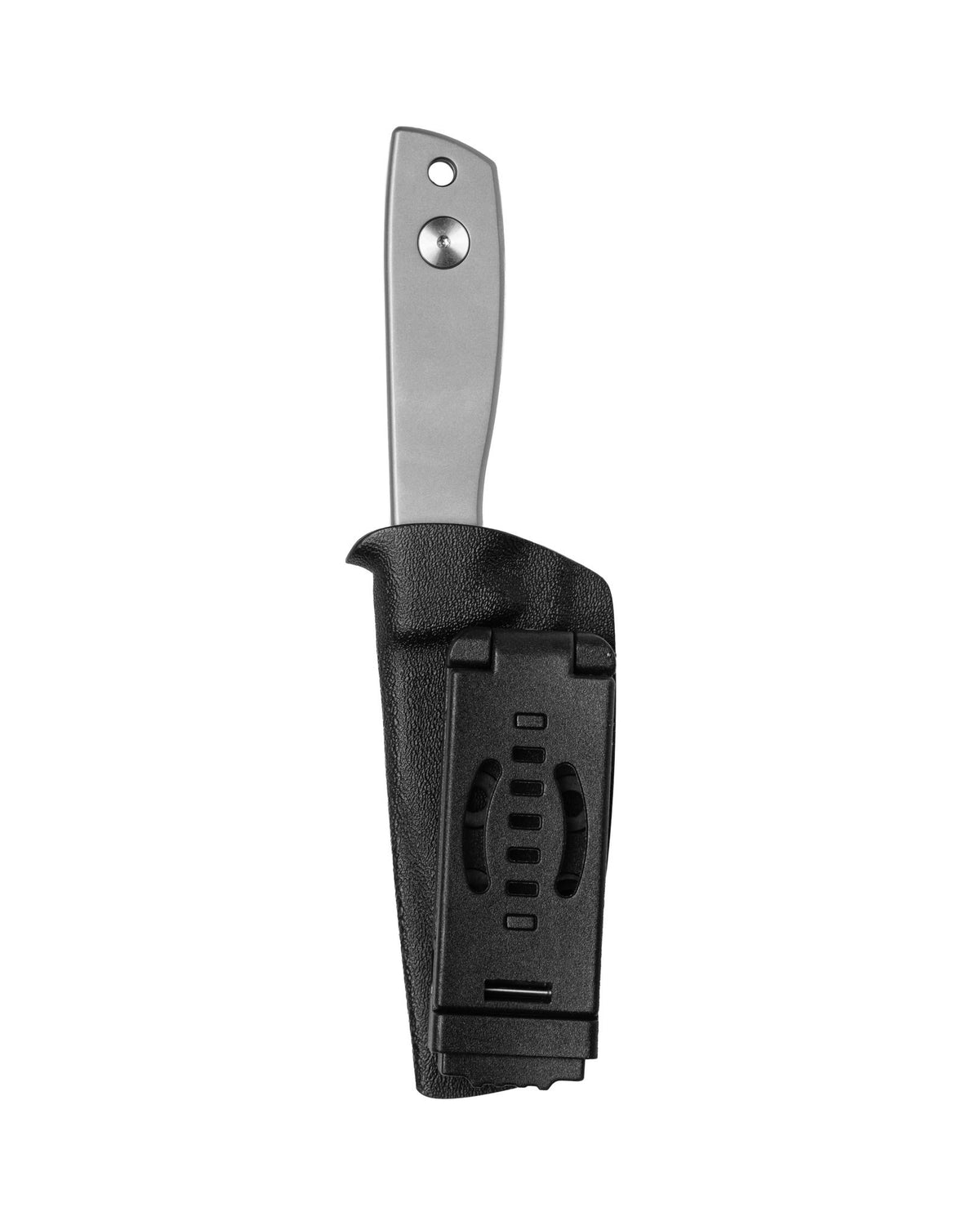 AUXMFG Runt XL fixed blade, titanium handle, 14C28N blade, stonewash finish. Kydex sheath, reverse side.