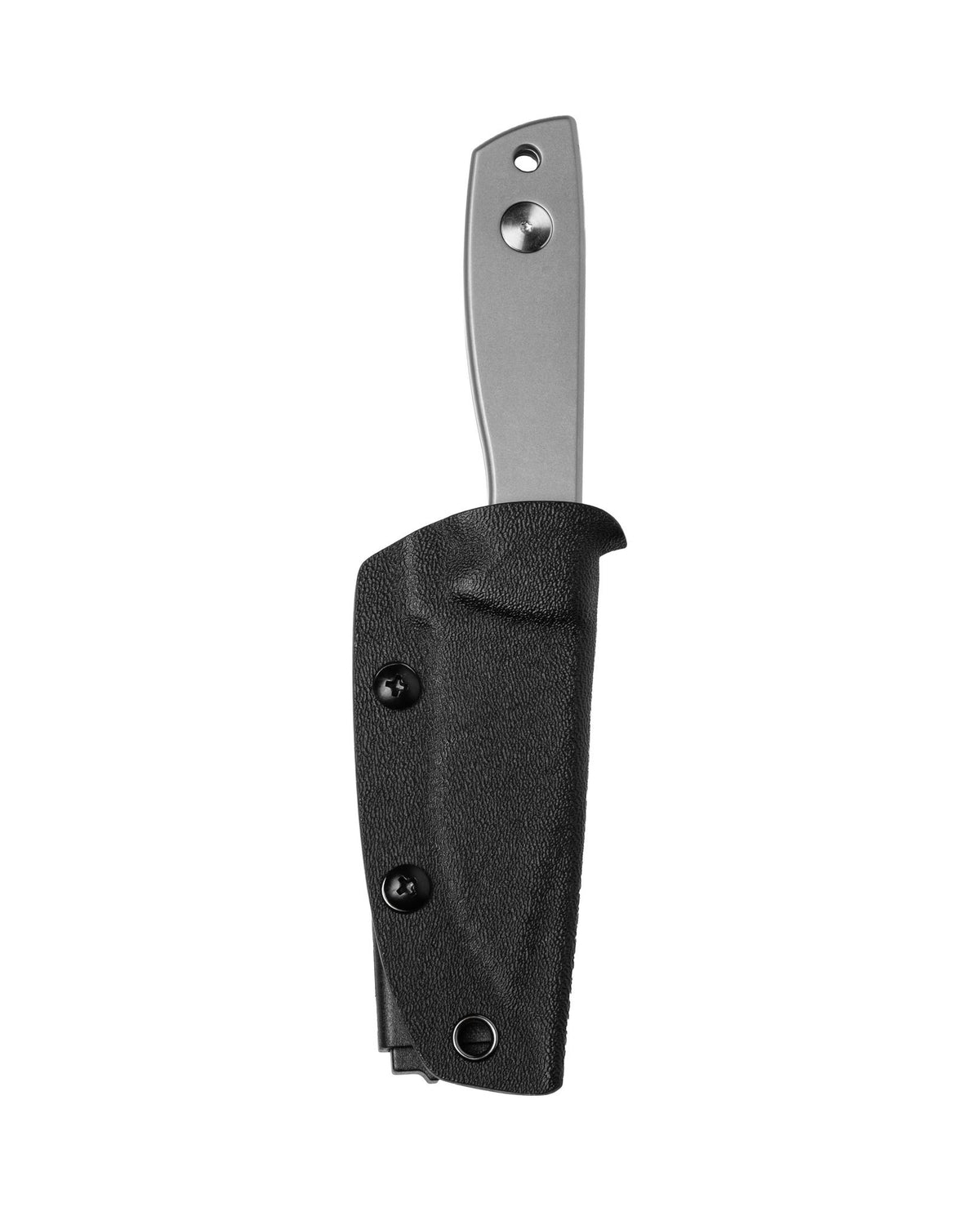 AUXMFG Runt XL fixed blade, titanium handle, 14C28N blade, stonewash finish. Kydex sheath.